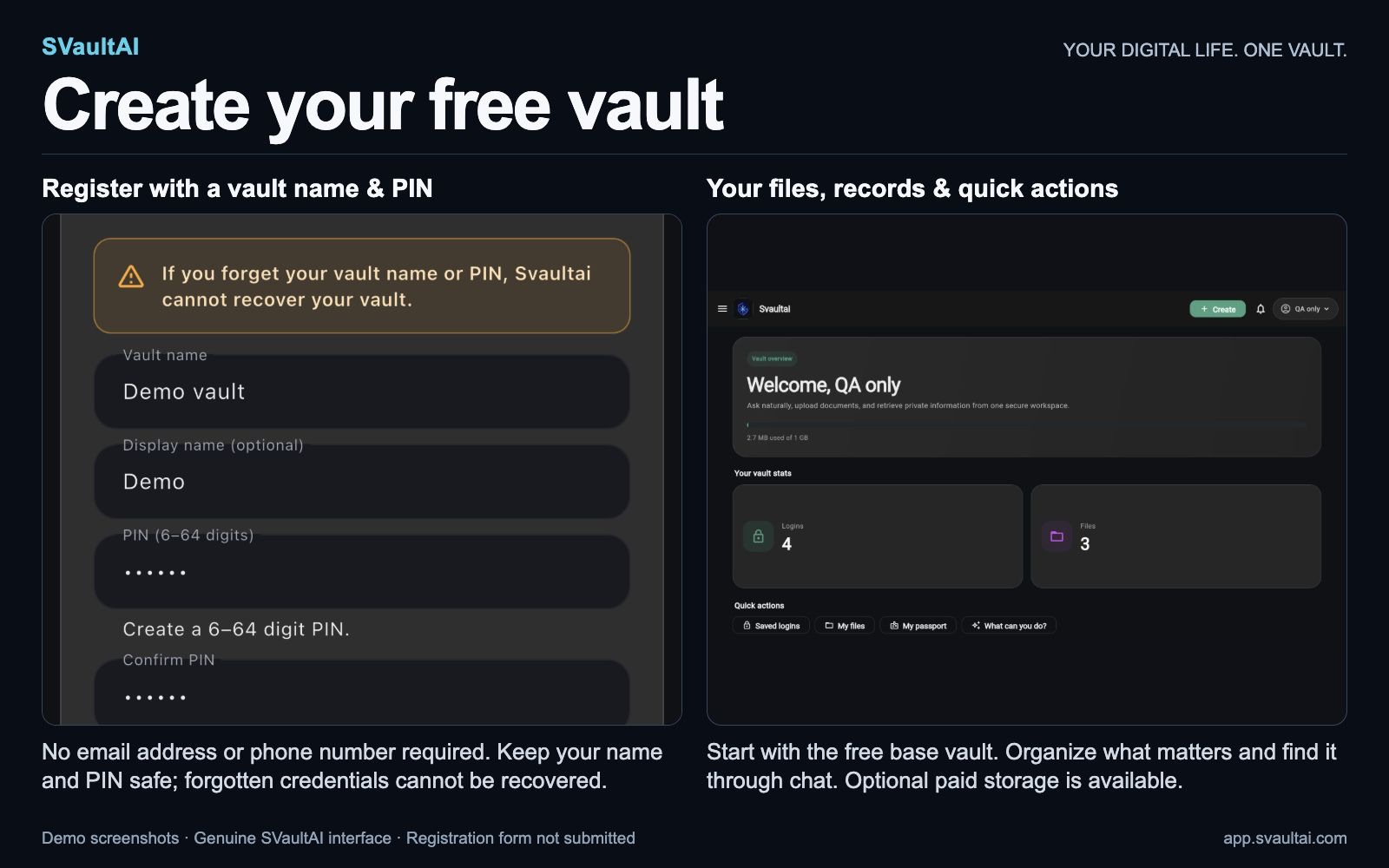 SVaultAI demo registration and dashboard, showing vault name and PIN signup without an email or phone number